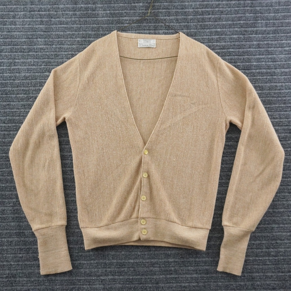 Vintage Christian Dior Cardigan Sweater Mens M Tan Orlon Acrylic V-Neck USA